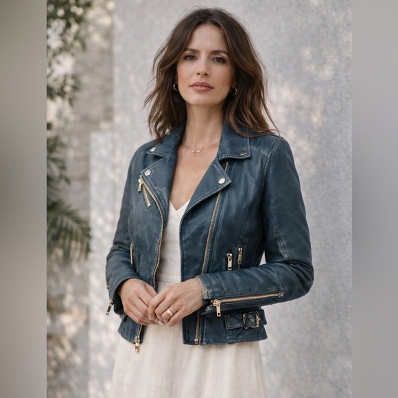 Mauritius Jackets & Blazers - Mauritius Teal Leather Moto Jacket Cropped Biker Gold Hardware Small